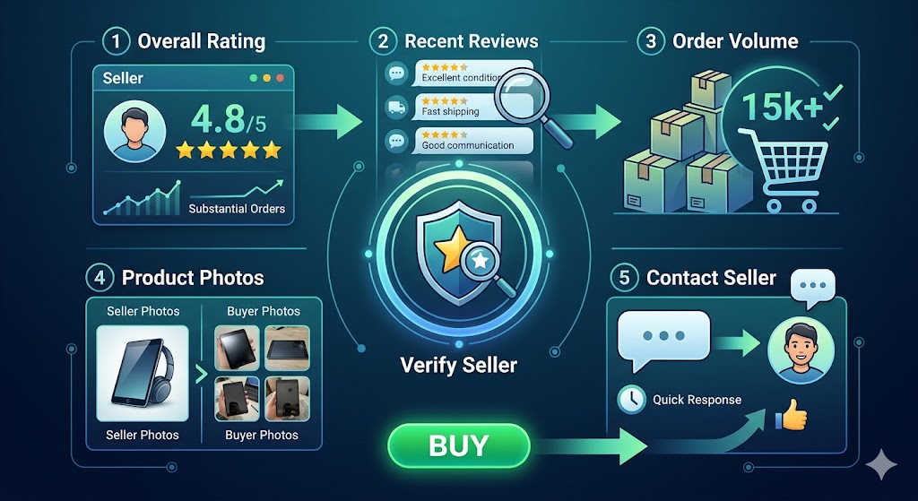 A step-by-step digital infographic showing how to verify an online seller using ratings, recent reviews, order volume, product photo comparisons, and direct communication.
