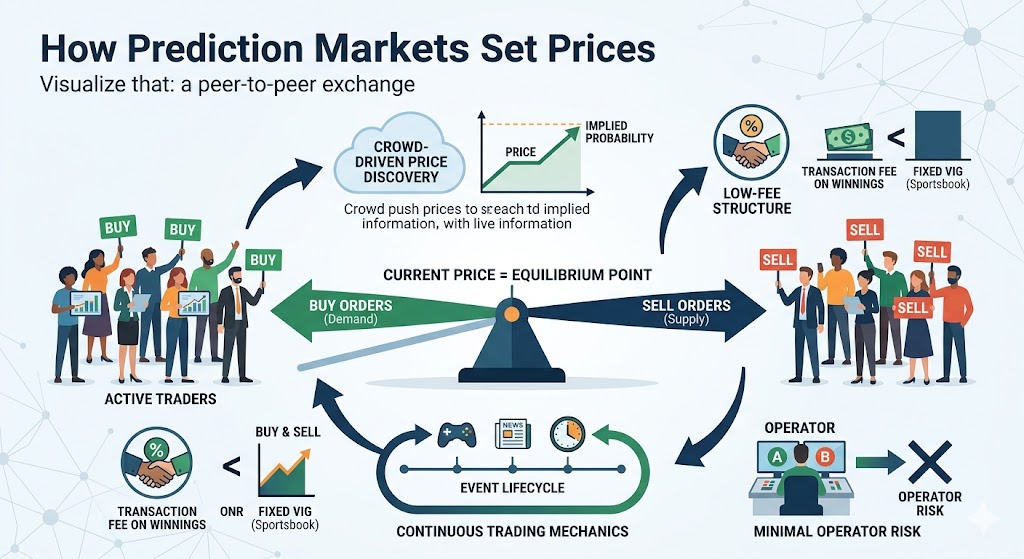 A detailed infographic illustrating how prediction markets set prices through a cyclical peer-to-peer exchange, covering concepts like price equilibrium, crowd-driven price discovery, fee structures, and operator risk