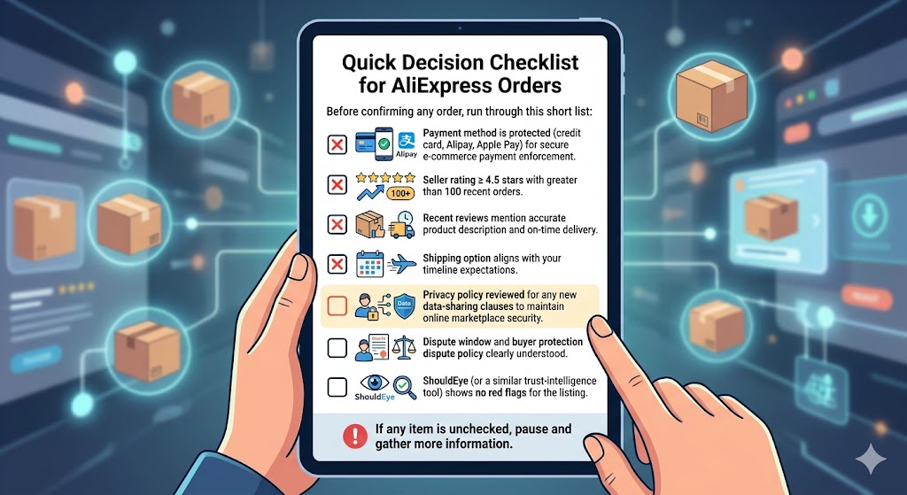 A person holds a tablet displaying a seven-point safety checklist for AliExpress orders, with some items checked and others highlighted in orange as unchecked.