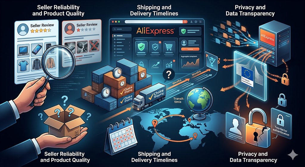 An infographic detailing online marketplace risks, highlighting seller reliability with ratings, shipping timelines with delivery trucks, and data privacy with a digital padlock.