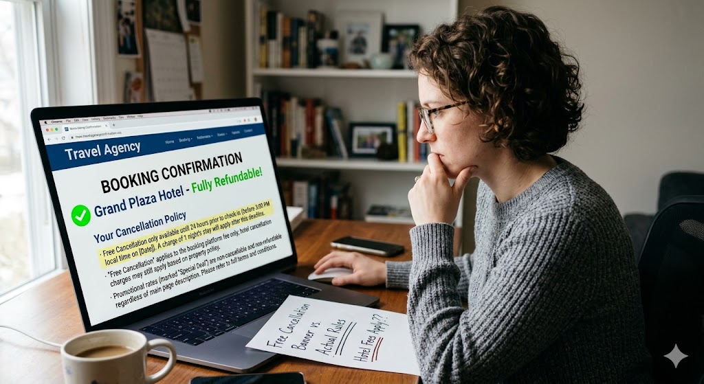 A woman sits at her desk looking closely at a laptop screen that displays a hotel booking confirmation with a prominent "Fully Refundable!" badge contrasted against restrictive cancellation fine print.
