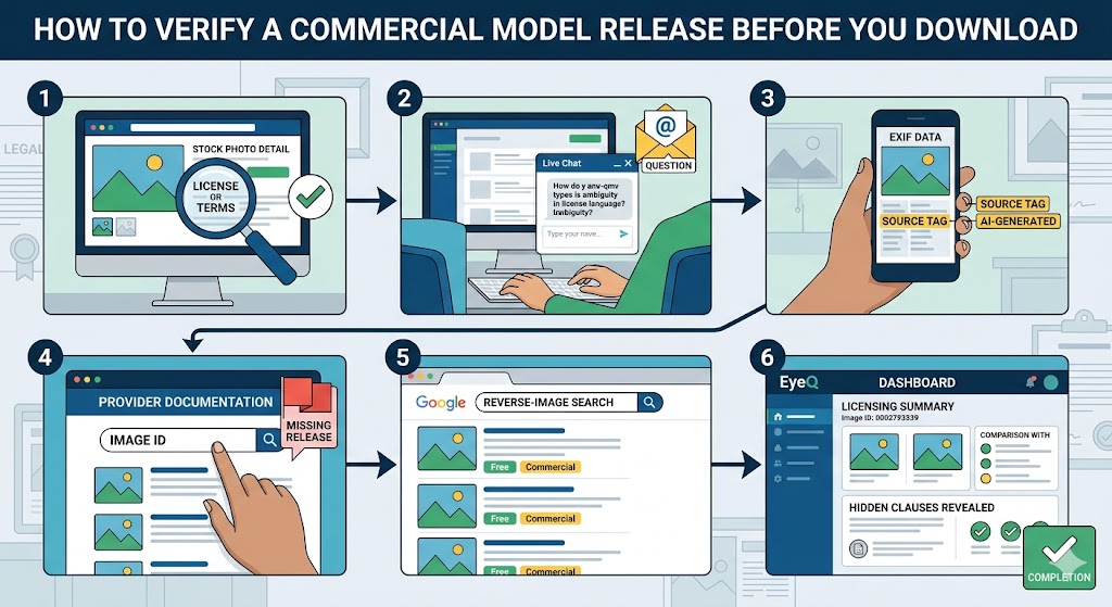 An infographic illustrating a six-step workflow including checking terms, contacting support, inspecting EXIF data, verifying the image ID, reverse-image searching, and using EyeQ's licensing summary dashboard.