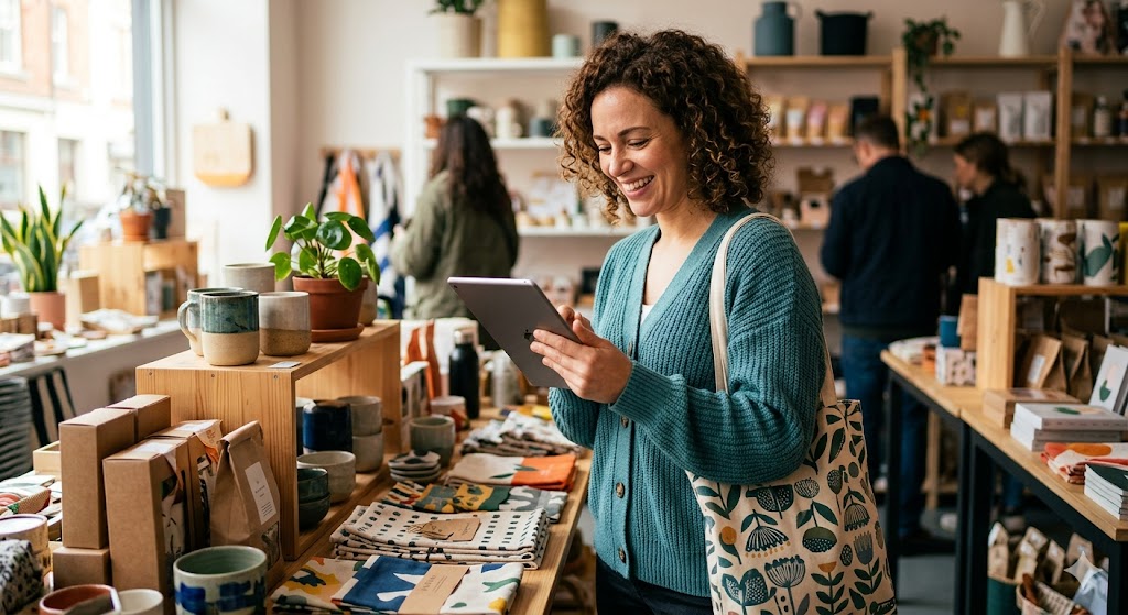 A woman smiles while using a tablet in a well-stocked, sunlit artisanal shop with colorful products.