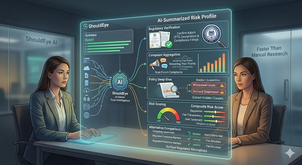 An infographic featuring two women in a modern office, who are analyzing a transparent screen that displays a detailed "ShouldEye AI-Summarized Risk Profile" of a market platform.