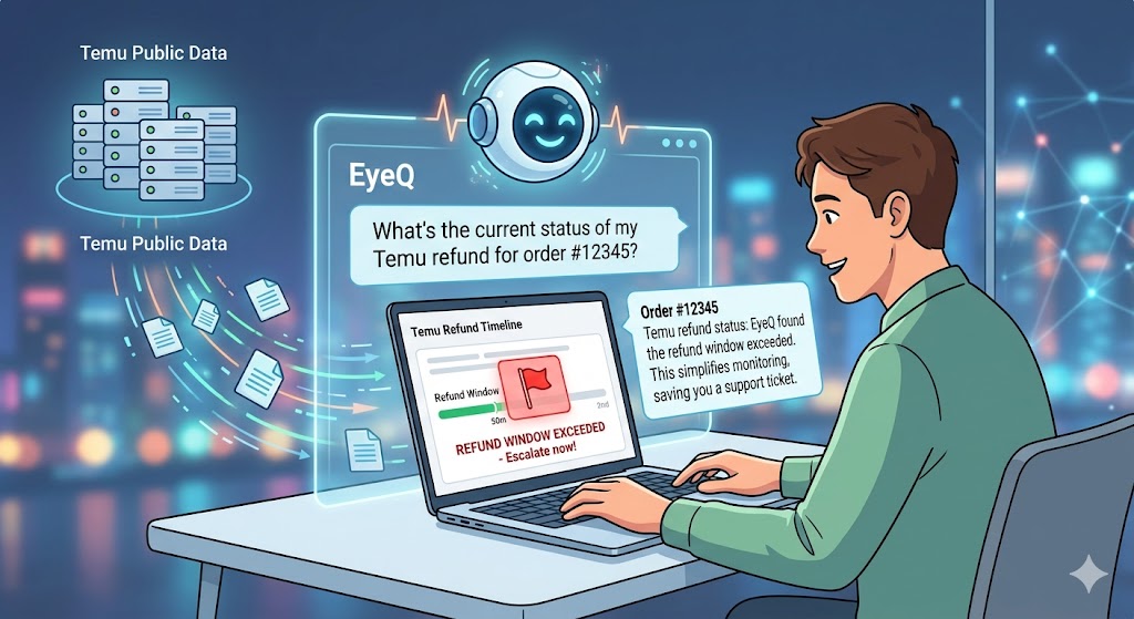 A digital illustration shows an online shopper using the intelligent EyeQ interface to verify a Temu refund status, where a dynamic alert flags that the refund window has been exceeded
