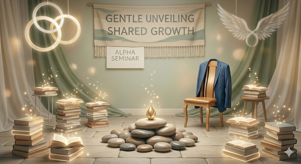 A surreal, staged scene for an "Alpha Seminar" featuring symbolic elements: stacked stones, glowing books, a suit on a chair, and banners on a wall.