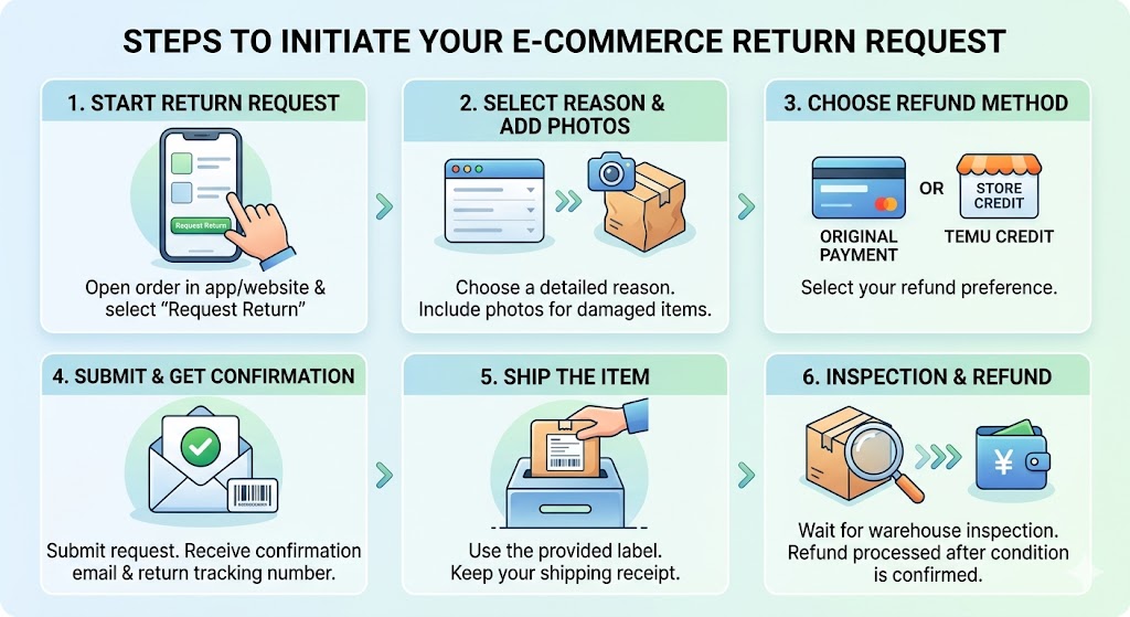 The image is a comprehensive, six-step infographic detailing the e-commerce return process, titled "STEPS TO INITIATE YOUR E-COMMERCE RETURN REQUEST".