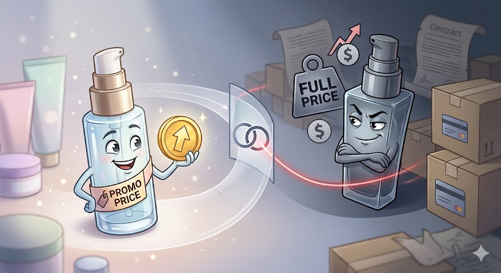A conceptual illustration showing a friendly, low-priced skincare bottle transitioning through a contract loop into a dark, expensive bottle surrounded by rising price tags and subscription boxes.