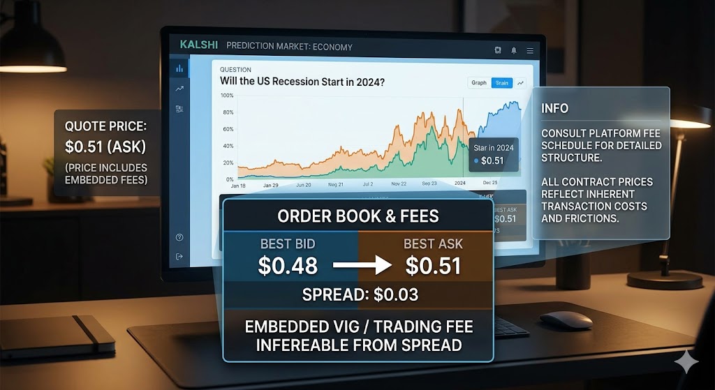 A computer screen displays a Kalshi prediction market chart and detailed order book information explaining how trading fees and a 3-cent spread are embedded in the $0.51 ask price.