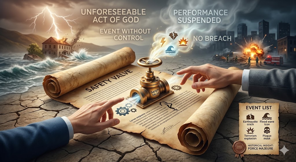 An illustrative infographic shows a force majeure clause conceptualized as a "safety valve" on an ancient scroll, which two hands are pointing at to trigger performance suspension and prevent contract breach