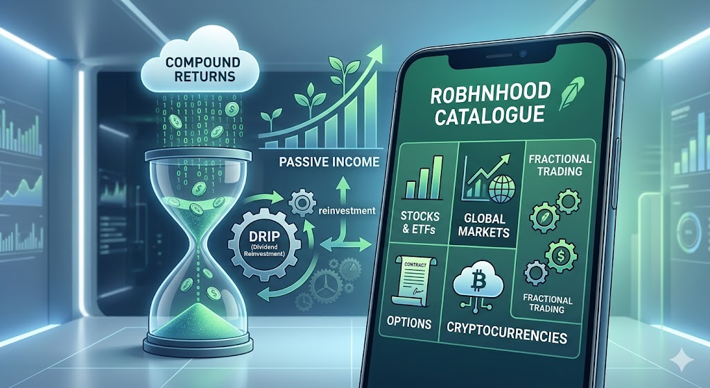 A futuristic conceptual illustration of a smartphone app interface labeled "ROBHNHOOD CATALOGUE" displaying options for stocks, options, and cryptocurrencies