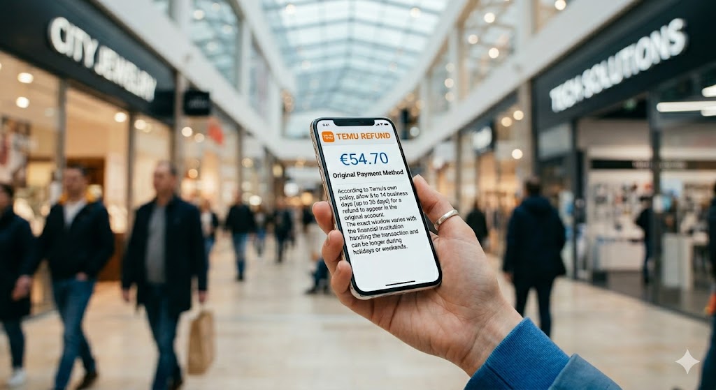 A person holds a smartphone displaying a Temu refund notice on the screen inside a brightly lit shopping mall.
