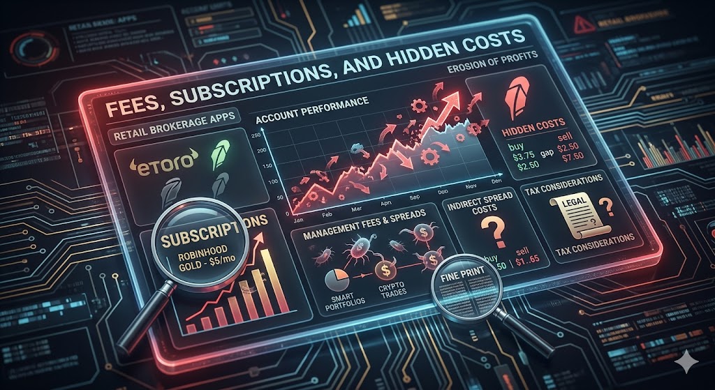 A high-tech digital dashboard titled "FEES, SUBSCRIPTIONS, AND HIDDEN COSTS" showing sections for eToro and Robinhood