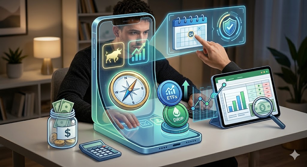 A young man sitting at a desk interacting with a large holographic smartphone screen displaying a compass, ETFs, and DRIP icons, while managing a financial spreadsheet on a tablet next to a learning fund jar.