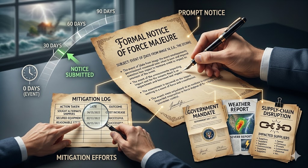A composite infographic showing hands processing a Force Majeure claim with a notice, mitigation log, supporting documents like weather reports and government mandates, and a timeline of the event and notice submission.