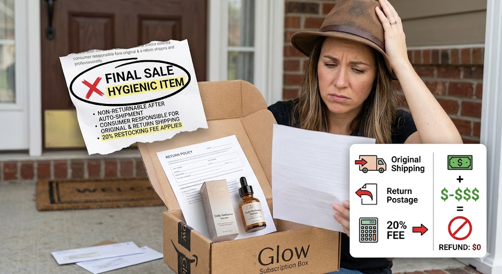 A frustrated woman on her porch looks at the strict "Final Sale" fine print and fee breakdown of an unexpected subscription skincare delivery.