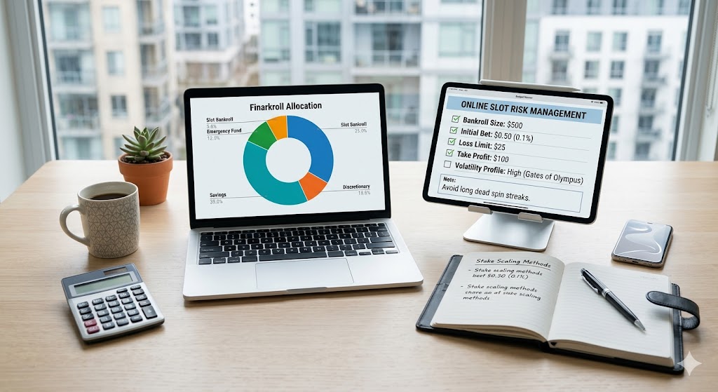 An overhead wide shot of a modern clean workspace desk with a laptop displaying a financial bankroll allocation pie chart alongside a digital budget planner tablet labeled "ONLINE SLOT RISK MANAGEMENT".
