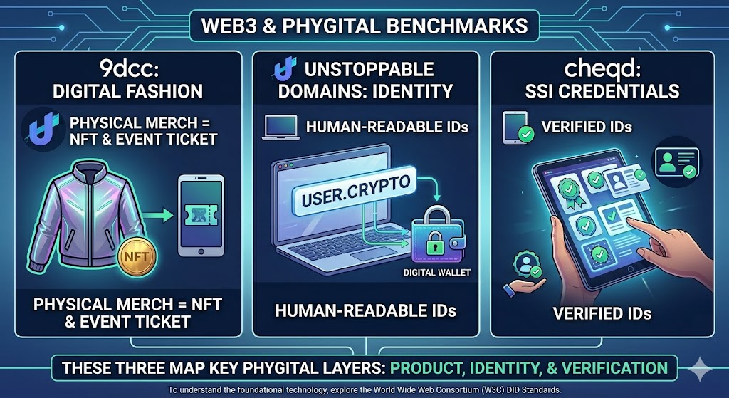 An infographic illustrating three Web3 and phygital benchmarks: 9dcc for digital fashion, Unstoppable Domains for identity, and cheqd for SSI credentials, mapping to the product, identity, and verification layers of the phygital stack.
