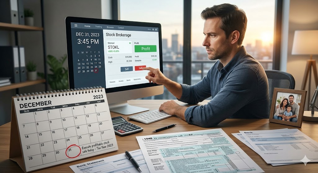 A man sits at his office desk on December 31st executing a profitable stock sale on his computer screen, with a desk calendar circled on the final day of the year alongside tax preparation forms.