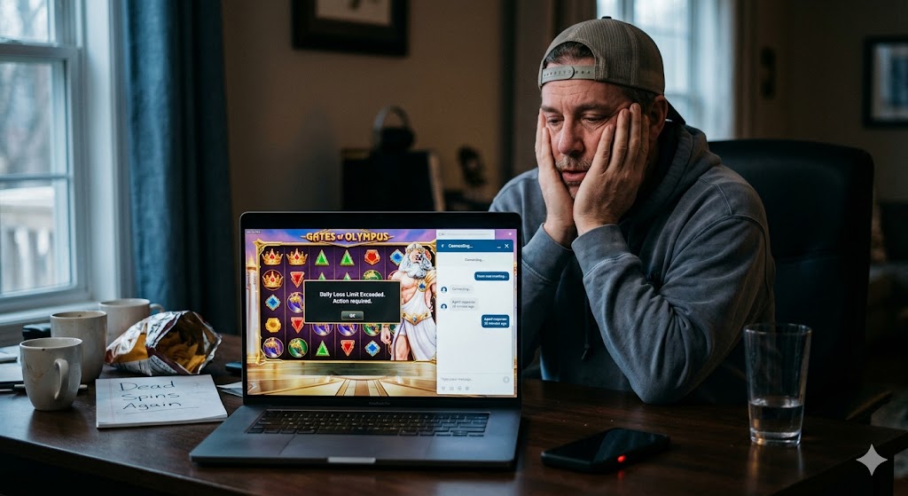 A frustrated man sits in front of a laptop displaying a "Daily Loss Limit Exceeded" message while playing an online slot game.