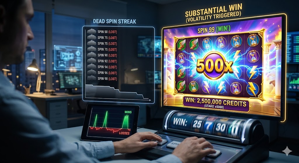 A side-profile shot of a player sitting at a desk with an analytics dashboard tracking a long dead spin streak alongside a screen showing a sudden 500x substantial win triggered by high volatility.