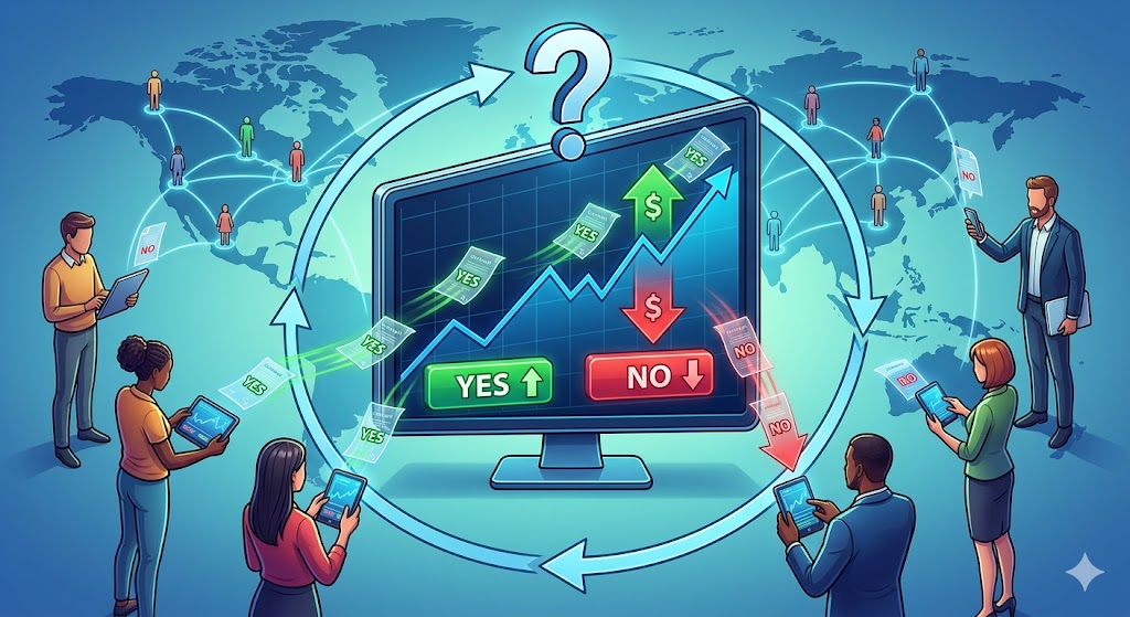 An isometric vector illustration showing global traders using digital tablets to trade "YES" and "NO" prediction market contracts around a central monitor displaying a fluctuating probability graph.