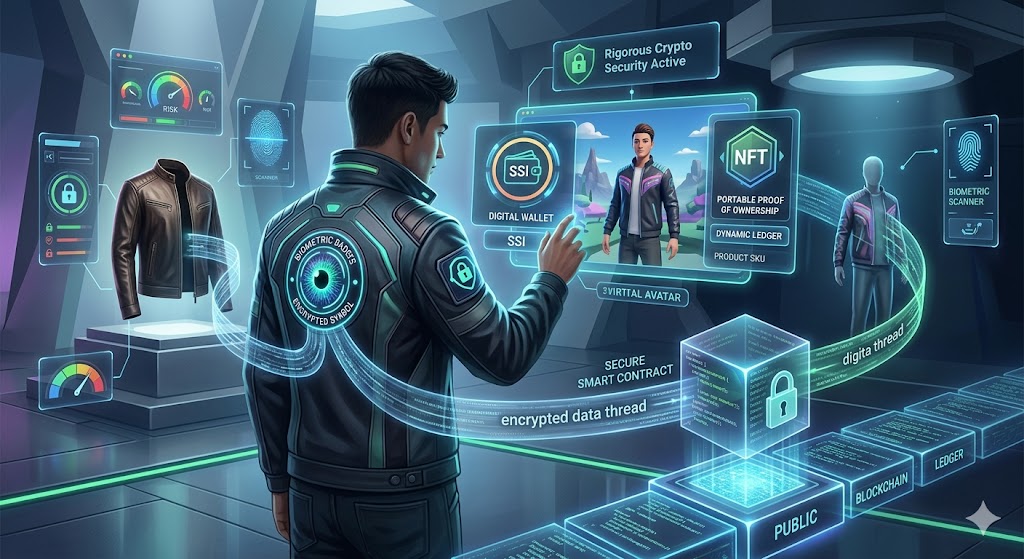 An intricate infographic illustrating a futuristic digital world where physical and digital identities converge, featuring a central figure in a jacket controlling dynamic data streams for NFTs, SSI digital wallets, and smart contracts, linking a real jacket to a virtual avatar via a public blockchain ledger.