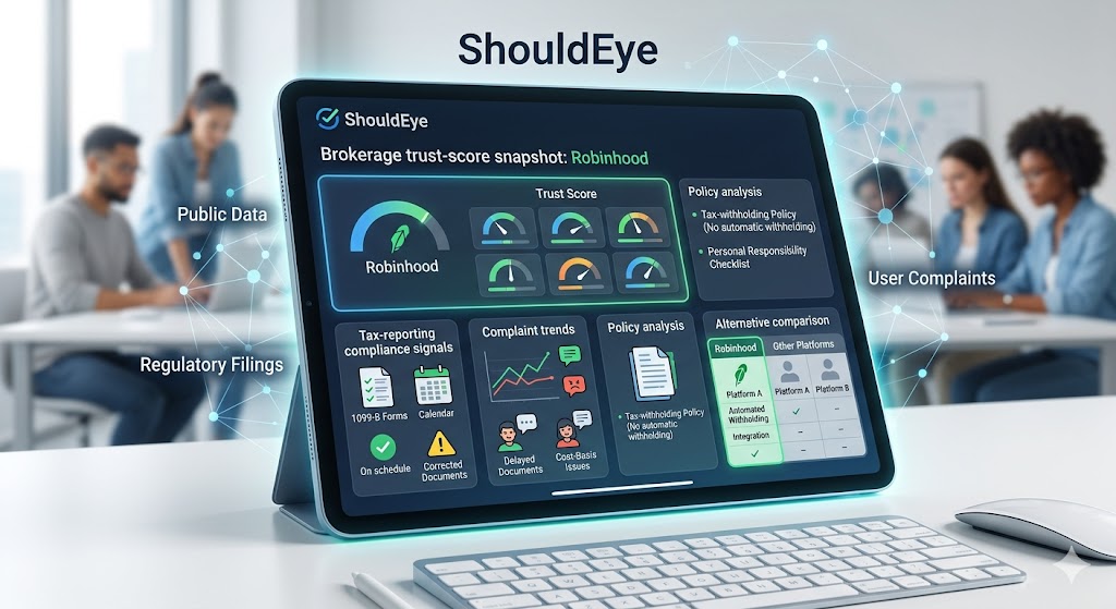 A large digital tablet on an office desk displays the ShouldEye platform interface, showing a trust-score snapshot for Robinhood