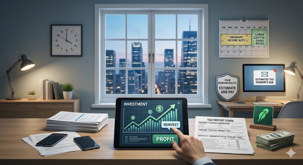 a rising stock chart with "PROFIT" and "REINVEST" buttons, surrounded by tax forms, a stack of cash, and a wall calendar highlighting ordinary income vs. long-term capital gains rates