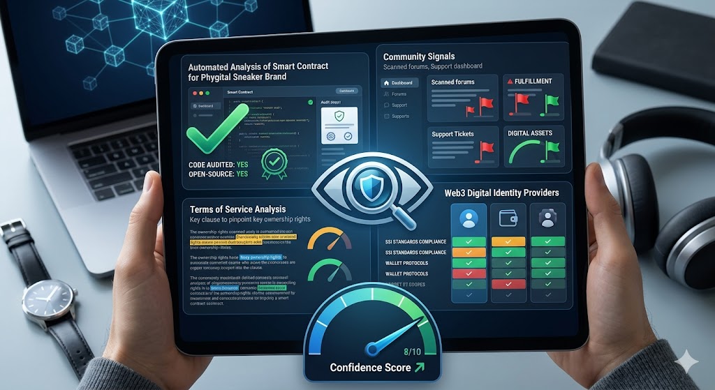 An infographic on a tablet screen detailing a comprehensive security analysis for a phygital sneaker brand, featuring smart contract auditing, community sentiment tracking, legal terms review, provider comparisons, and a final confidence score.