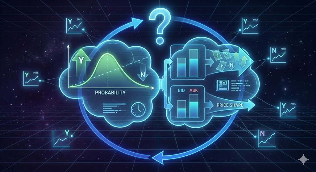 A futuristic, cyan and green holographic display set against a dark cosmic grid background, illustrating a prediction market feedback loop where a probability bell curve, bid/ask charts, news events, and price shapes are interconnected by glowing arrows under a large central question mark.