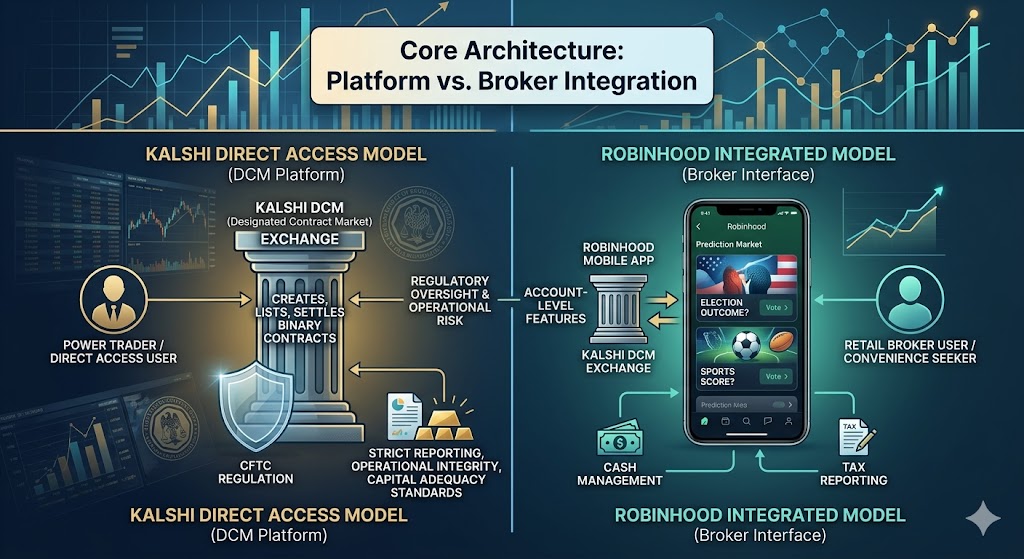 An architectural infographic comparing Kalshi's direct Designated Contract Market platform model with CFTC oversight against Robinhood's integrated mobile broker interface