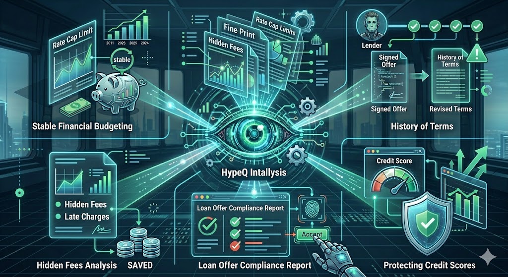 A complex futuristic infographic dashboard titled "ALT TEXT: INFOGRAPHIC GUIDE" displaying six detailed panels on "Budgeting Stability," "Fine Print & Compliance," "Automated Loan Scans & Actions," "SAVINGS & PROTECTION," "TERMS ANALYSIS," and "Credit Score," with charts, icons, and a cybernetic hand interacting with a checklist