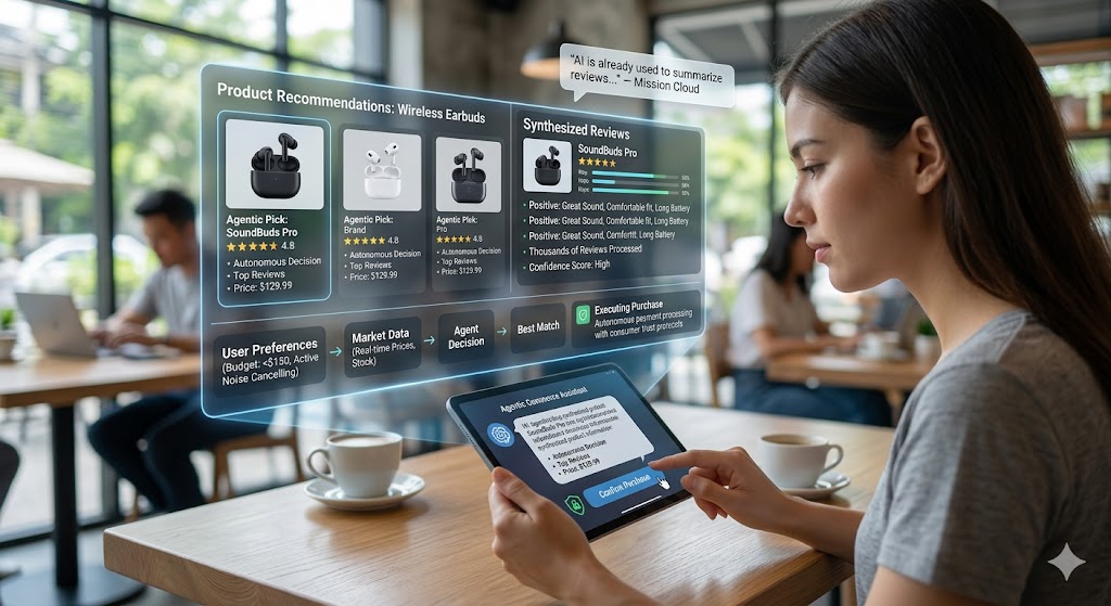 A woman in a cafe interacts with a tablet displaying a holographic AI assistant that synthesizes reviews and executes an autonomous product purchase.