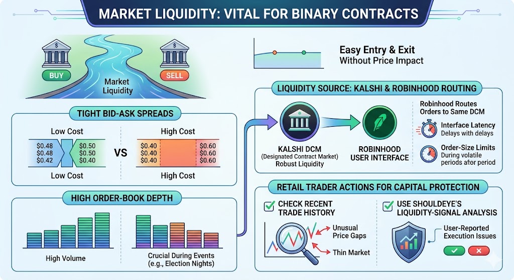 An educational infographic titled "Market Liquidity: Vital for Binary Contracts" that illustrates tight spreads, order-book depth, Kalshi and Robinhood order routing, and capital protection strategies for retail traders.