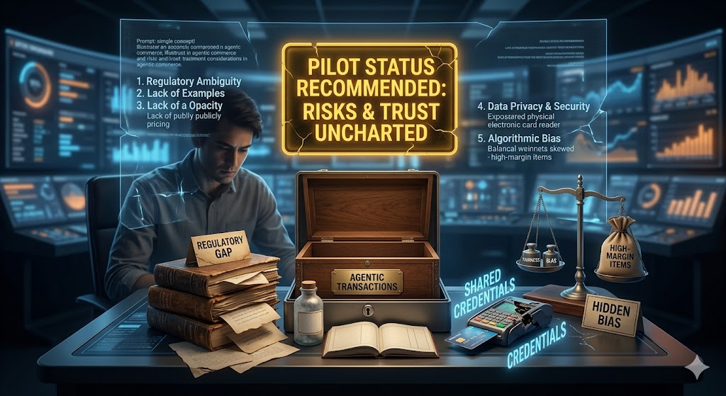 A surreal data visualization features an open lockbox labeled 'AGENTIC TRANSACTIONS' and a balanced scale titled 'HIGH-MARGIN ITEMS' against the text 'PILOT STATUS RECOMMENDED: RISKS & TRUST UNCHARTED.'