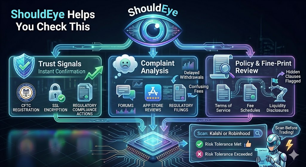 A futuristic, holographic infographic titled "ShouldEye Helps You Check This" that details three core data streams—Trust Signals, Complaint Analysis, and Policy & Fine-Print Review - feeding into a central microchip to analyze risk tolerance for Kalshi or Robinhood contracts.