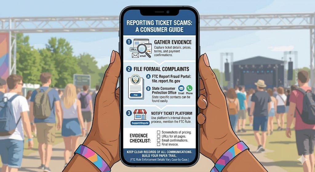 a person at an outdoor festival holding a smartphone, which displays an infographic guide on "Reporting Ticket Scams"