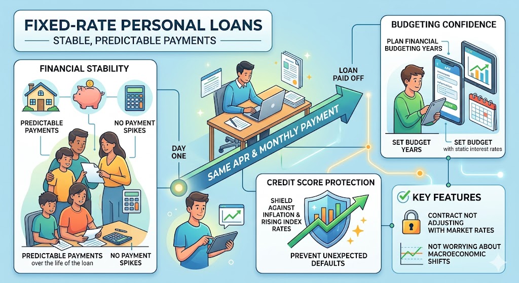 An informative infographic detailing fixed-rate personal loans, showing their benefits