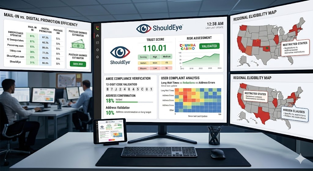 A modern office desk features a large central computer screen displaying the ShouldEye analytics platform dashboard with a trust score, compliance metrics, and regional eligibility maps.