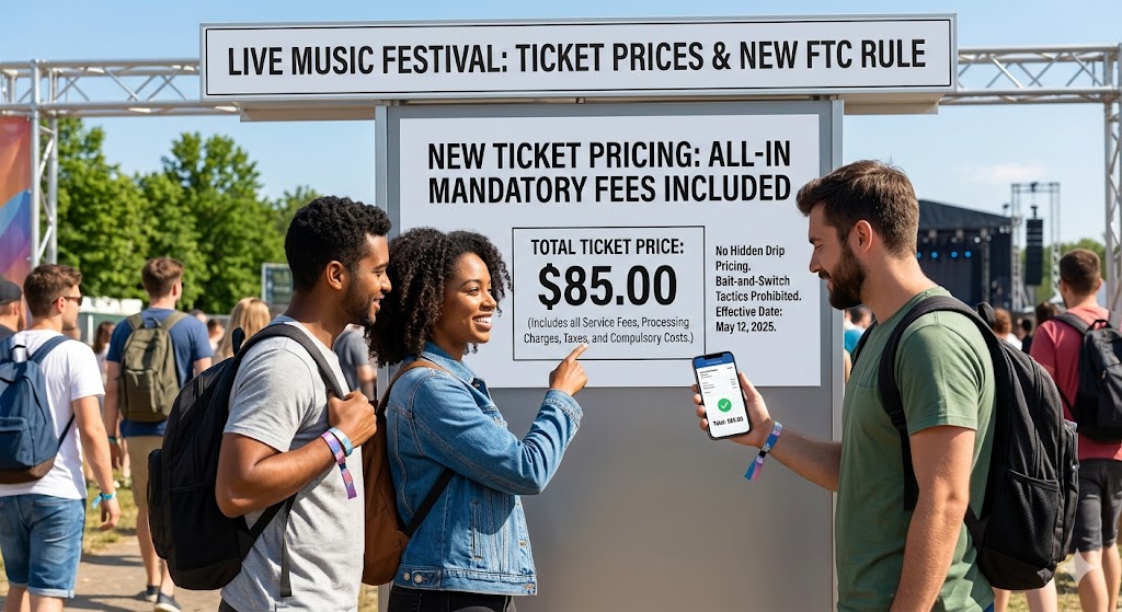An image showing a diverse group of friends at a live music festival looking at a large sign that displays an all-in ticket price of $85.00, clearly stating that all mandatory fees, service charges, and taxes are included per the new FTC rule.
