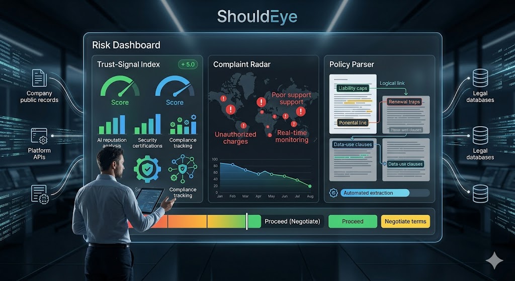 An analyst in a digital control center uses a high-tech "ShouldEye Risk Dashboard" which features integrated "Trust-Signal Index," "Complaint Radar," and "Policy Parser" modules for comprehensive automated risk profiling.