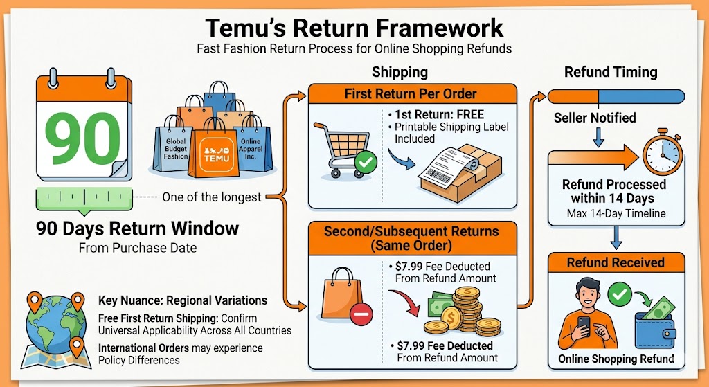 An infographic titled 'Temu’s Return Framework' detail the 90-day return window, free first returns, subsequent fees, and 14-day refund timeline, with notes on regional variations.
