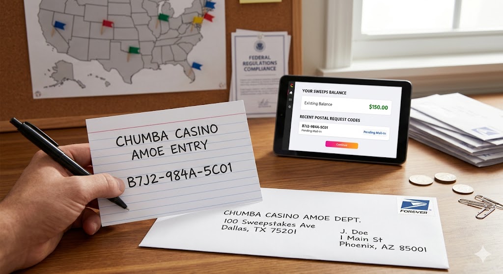 A person prepares a handwritten Chumba Casino AMOE entry index card and addressed envelope next to a digital tablet displaying a sweepstakes account balance.