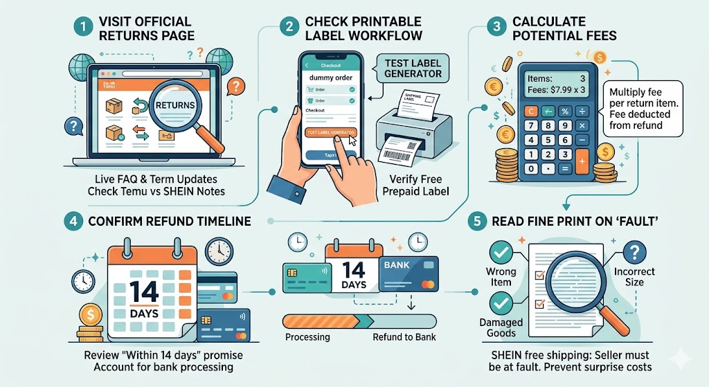 A five-step infographic detailing practical steps to verify e-commerce shipping and returns, illustrating checking live FAQs, testing label generators, calculating potential fees, confirming bank timelines, and reading policy fine print.