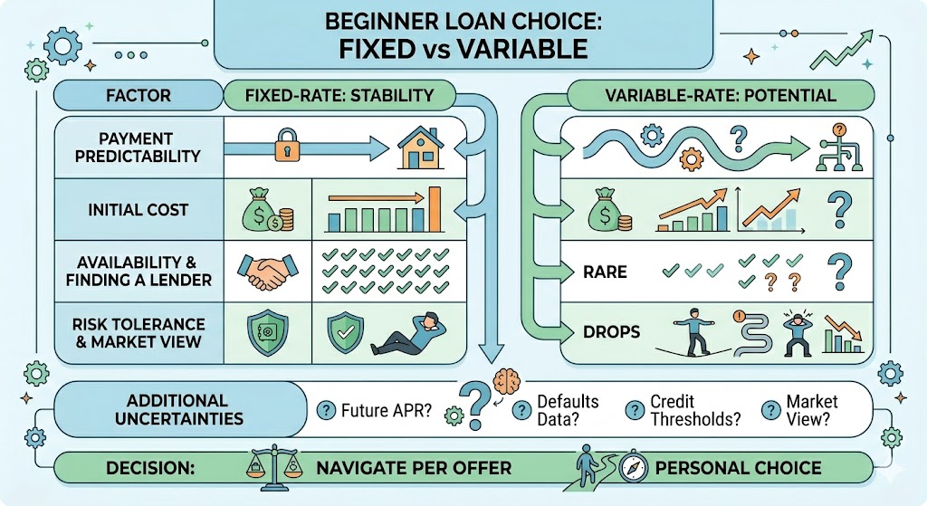 digital infographic comparison chart titled "BEGINNER LOAN CHOICE: FIXED vs VARIABLE" that contrasts factors like stability, cost, and availability between the two loan types with detailed iconographic sections and an additional uncertainties panel, all framed by a decision summary