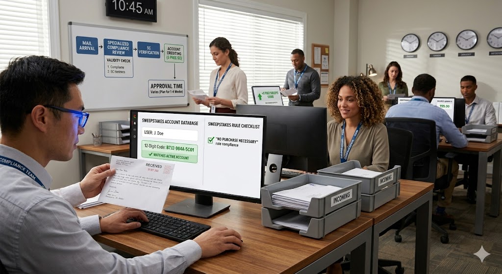 A specialized compliance team reviews handwritten mail-in sweepstakes letters at office desks, cross-referencing information with a digital database to verify rules compliance.