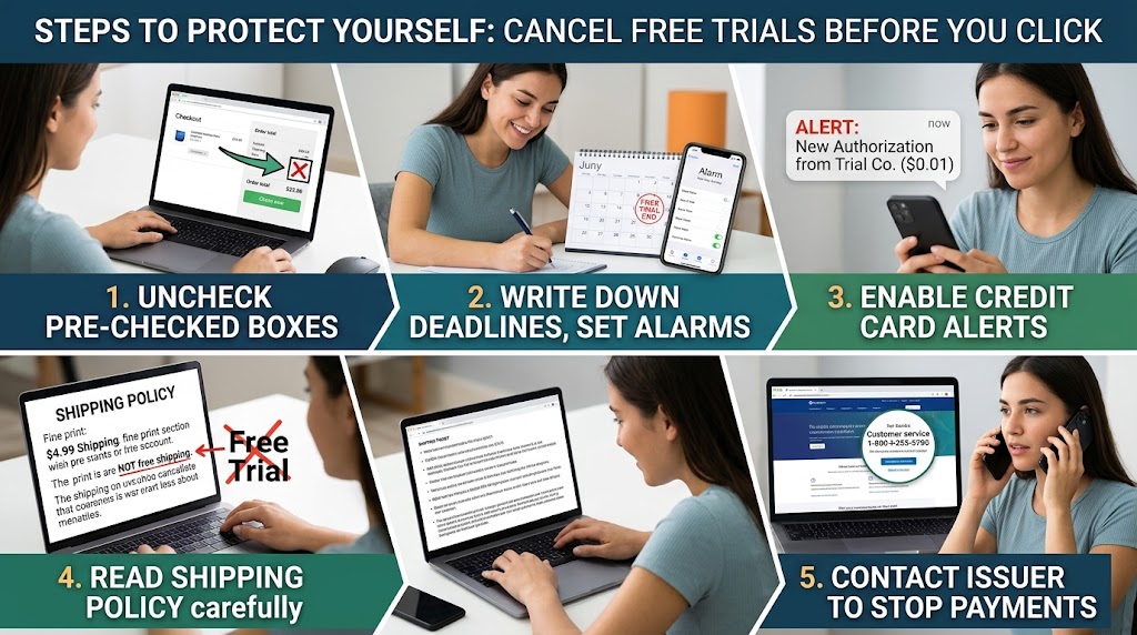 An infographic collage illustrating five steps to protect oneself when signing up for free trials