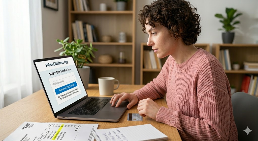 A woman looks thoughtfully at her laptop screen, holding a credit card as she navigates a "FitMind Wellness App" free trial checkout page.