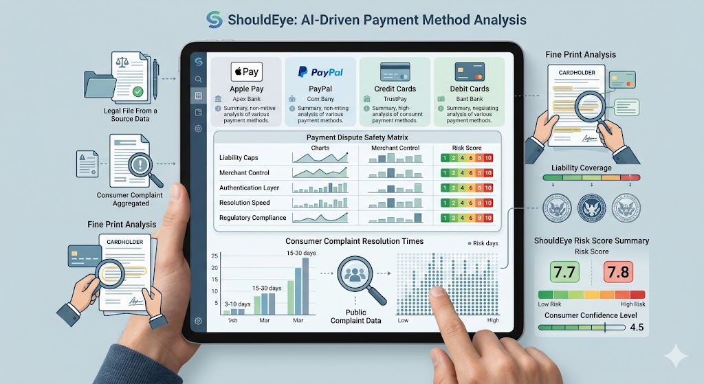 A person interacts with a tablet displaying a financial interface called ShouldEye, which shows data analysis, risk scores, and dispute safety metrics for Apple Pay, PayPal, credit cards, and debit cards.